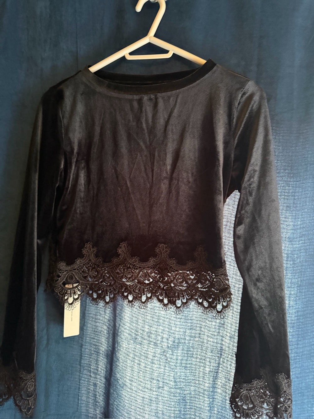 Commense Black Velvet Long Sleeve Top with Lace Hem